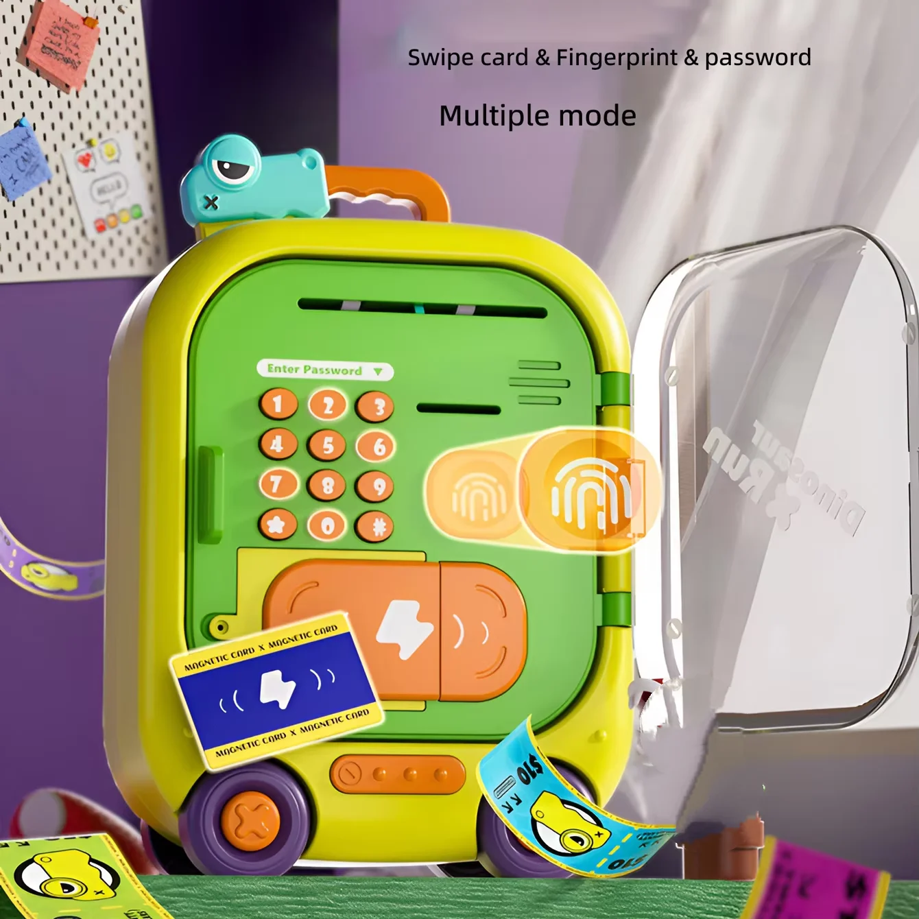 Grote 2in1 Auto-rolling Geld Wachtwoord Veilig Creatieve Dinosaurus Elektronische ATM Spaarpot Kinderen Fantasiespel Voorschoolse Speelgoed