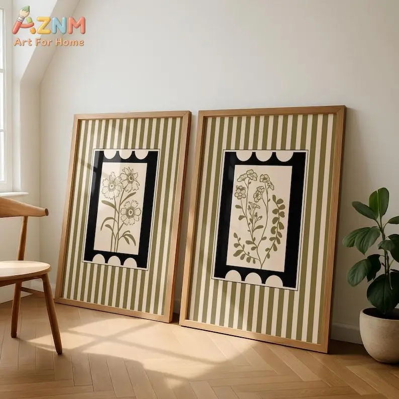 AZNM Impresión en lienzo floral a rayas verde oliva, sin marco, arte de pared con borde festoneado botánico vintage, estilo retro bohemio para sala de estar y dormitorio H