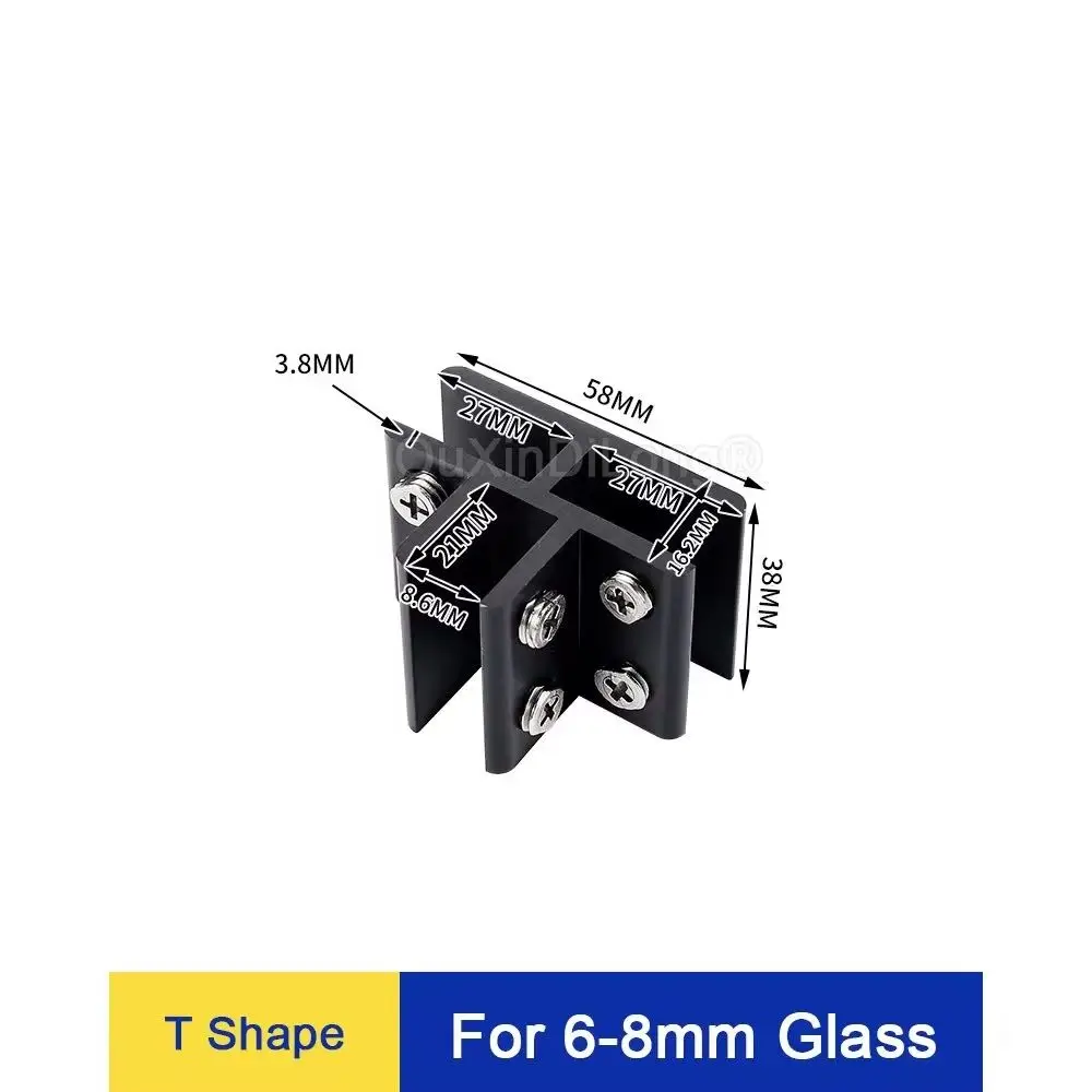 24X Black Glass Clamp Adjustable T-Shape Glass Clips Aluminum Glass Shelf Support Bracket 3 Sides Glass Holder for 6-20mm GF1356