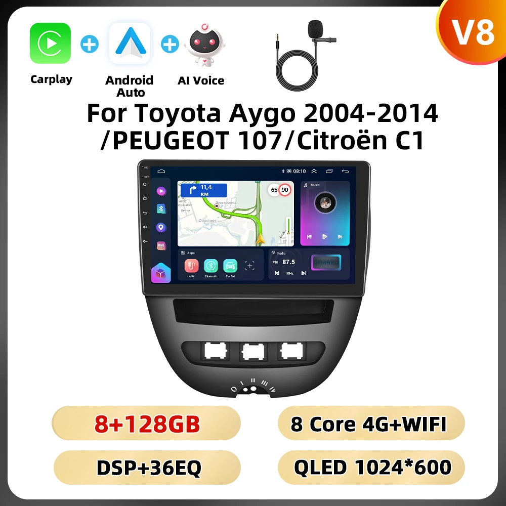 Podofo 10.1 ''8Core Autoradio Voor Toyota Aygo 2004-2014/PEUGEOT 107/Citroën C1 multimedia Speler Carplay Android Auto GPS WIFI