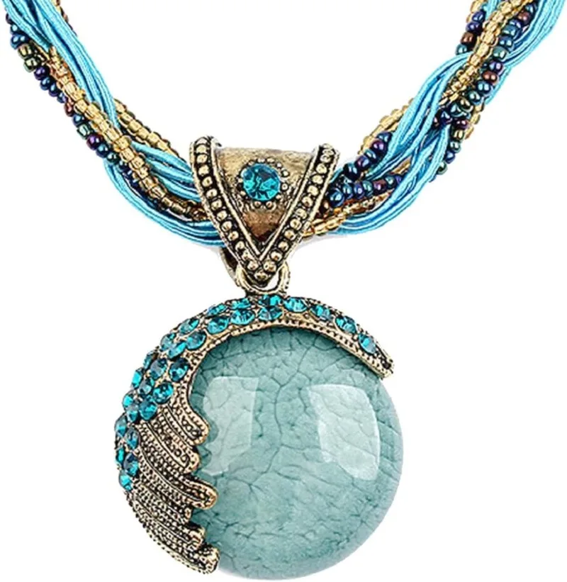 

Handmade Bohemian Style Twist Woven Rope Chain Turquoise Rhinestone Pendant Collar Necklace for women Summer Beach Gift
