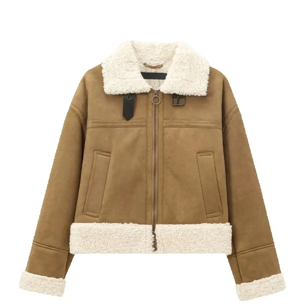 

Women's Plush Double sided Loose Top with Collar Long Sleeve Zipper Pocket Autumn and Winter New Fashion Coat