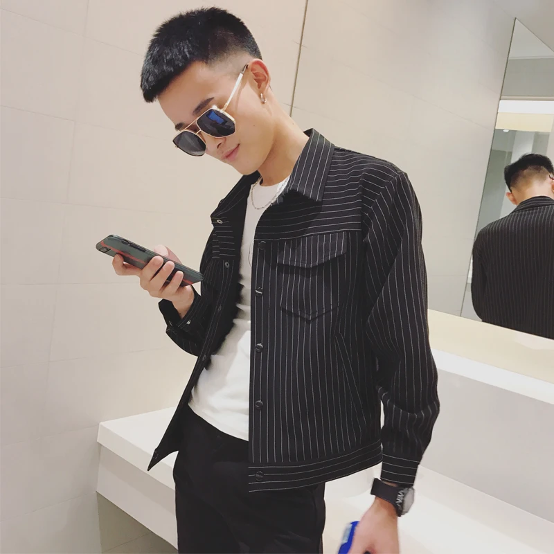 

Модная мужская куртка в полоску, осенняя коллекция 208, корейский стиль, бренд Bullworld, городской повседневный стиль, с длинными рукавами, из смесового хлопка и полиэстера