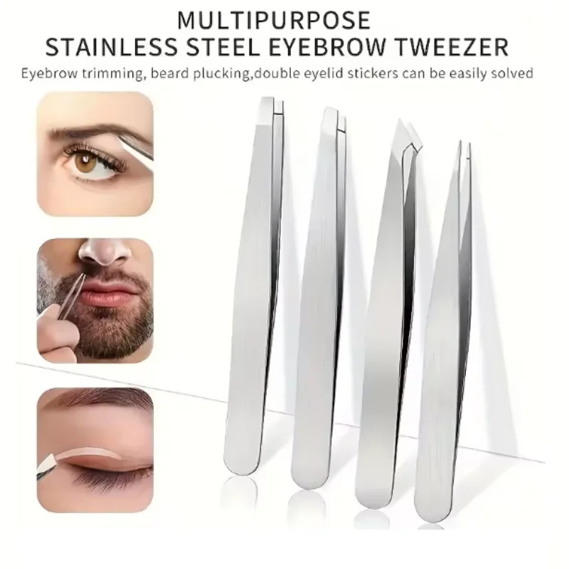 4피스 전문가용 핀셋 세트 눈썹 제거, 수염 제거, 스테인리스 스틸 각진 핀셋 도구 제모 도구