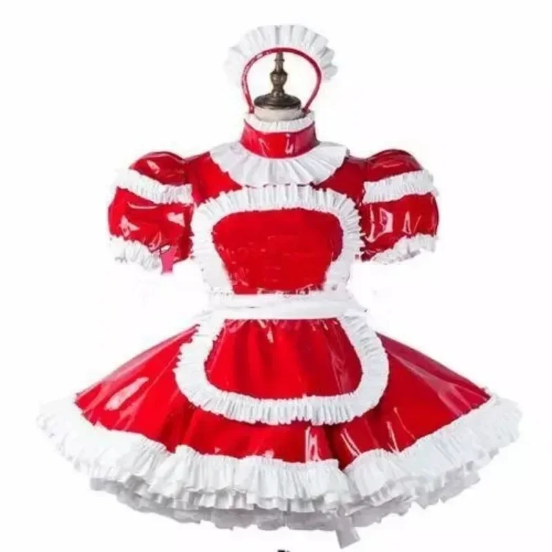 

Red Transgender PVC Lockable Dress Cute French Maid Cosplay Costume for Sissy Girls Adult Custom Charm