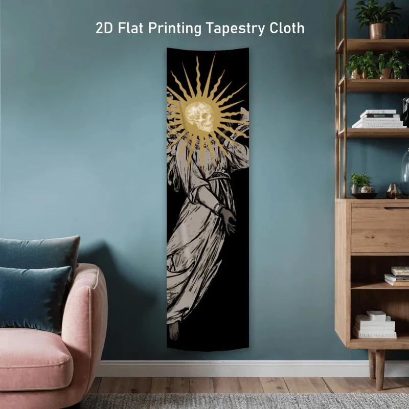 VIKAMA Gothic Angel Skull Tapestry, Sun Skeleton Vintage Figure Wall Hanging, Dark Mystic Long Cloth Banner Room Decor