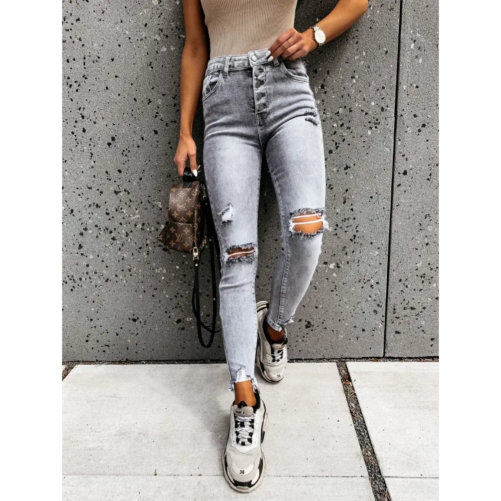 2025 스키니 찢어진 청바지 여성용 바지 Y2k 팬츠 펜슬 롱 여성 바지 솔리드 청바지 여성 봄 여름 캐주얼 하이웨이스트