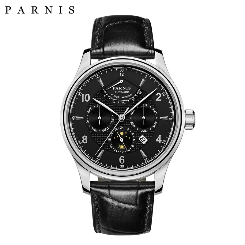 

2024 Top Luxury Brand Parnis 43mm Black Dial Automatic Men Watch Sapphire Crystal Moon Phase Men's Miyota 9100 Mechanical Watch