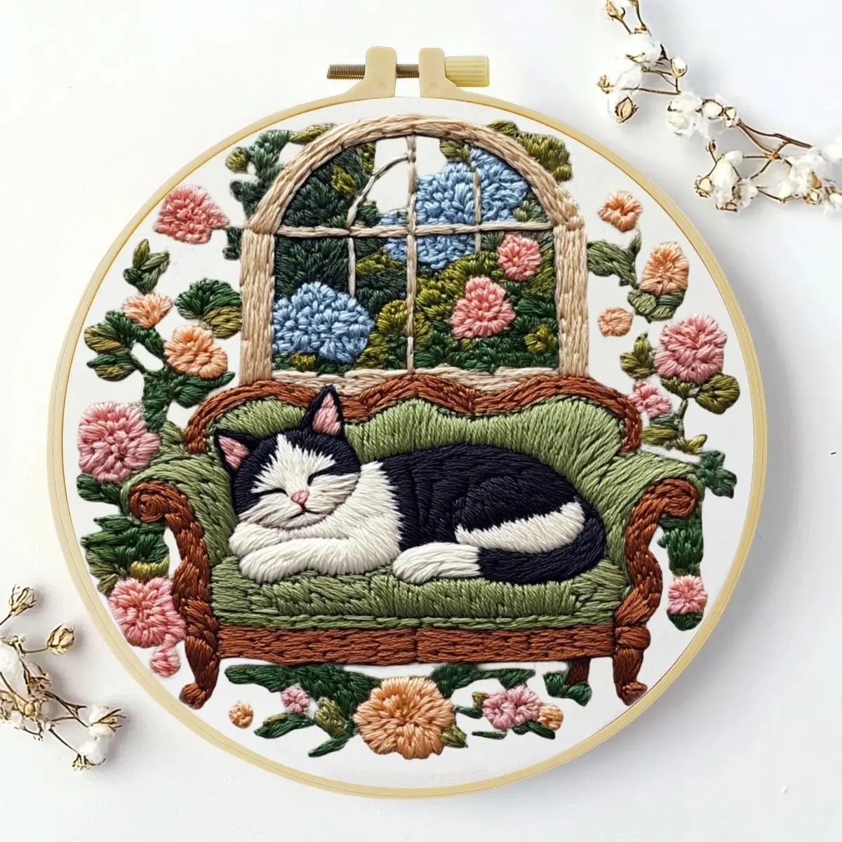 1 Stück 20X20CM/15X15CM 7,87/6,3 Zoll Die Katze auf dem Sofa Stickerei-Starter-Kit DIY-Kit DIY-Stickerei-Set Handarbeiten – Detail 2