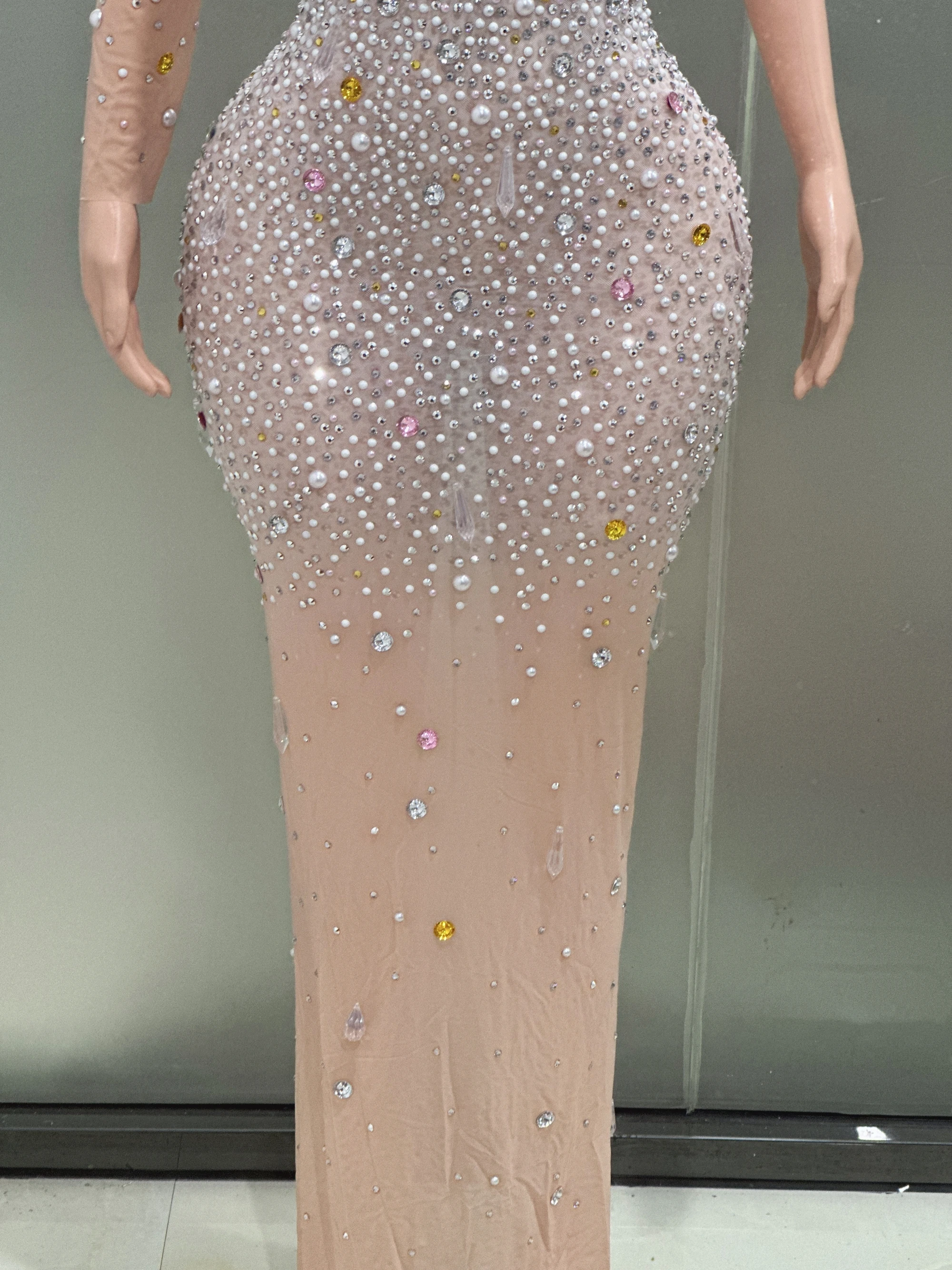 Sparkly Pearls Crystal Women Sexy Long Sleeve Floor-Length Bodycon Dress  Fashion Elegant Evening Party Celebration Dress