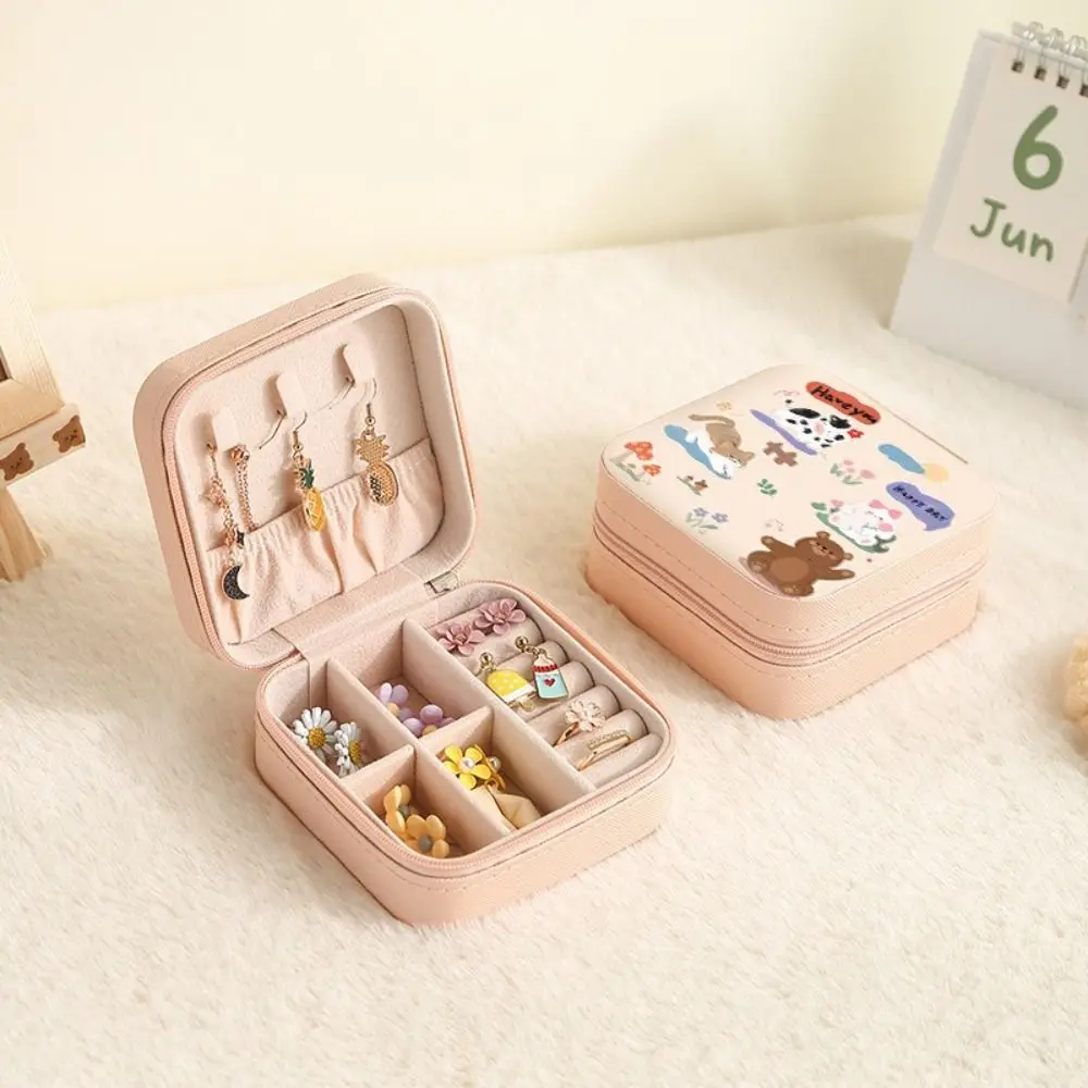 

Portable Kawaii Mini Jewelry Box PU Zipper Necklace Ring Case Cartoon Square Earring Organizer Display