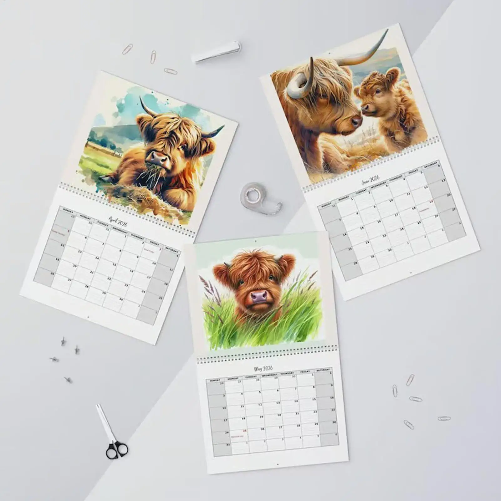 2026 Calendario da parete Calendario per bovini delle Highland Divertente mucca delle Highland Carta spessa Pianificatore mensile Decorazioni murali per la casa Regali di Capodanno
