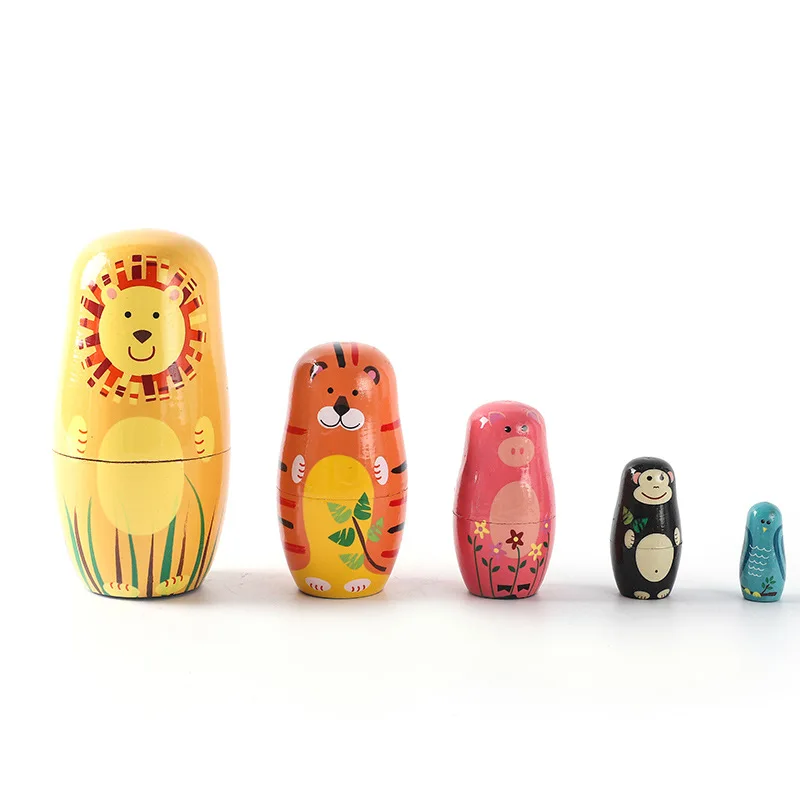 5PCS Montessori Nesting Doll Toy Handmade Wooden Russian Matryoshka Doll Toys for Girl DIY Painted Stacking Dolls Toys Gift