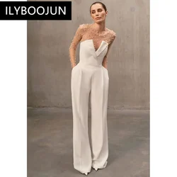 Women Summer Luxury Sexy Long Sleeve Pearl White Bodycon Set Jumpsuit 2024 Celebrity Designer High Street Rompers