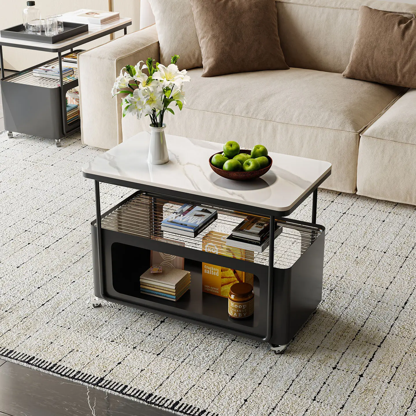 Italian Nordic side table side cabinet cream style living room sofa coffee table small table movable trolley rock slab