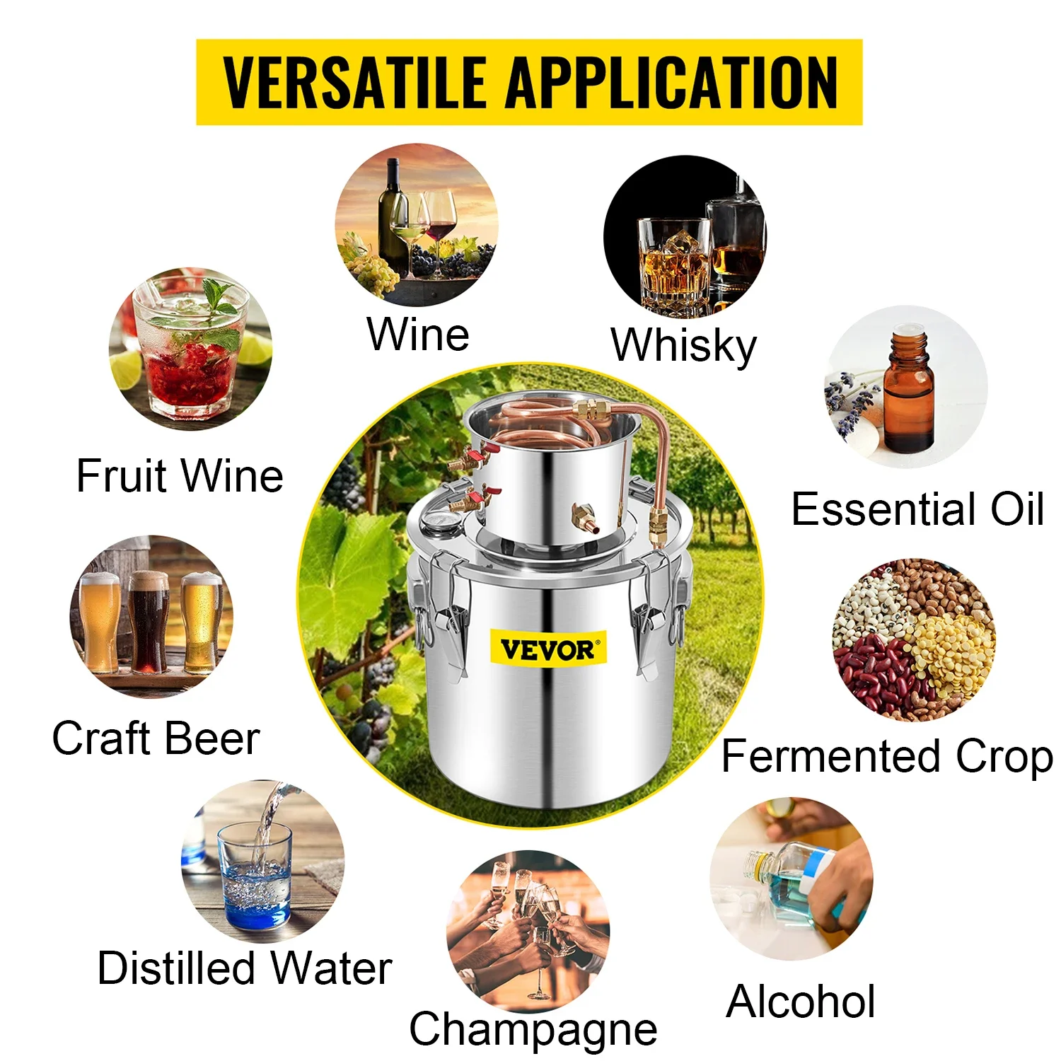 VEVOR Alambic Kit pembuat bir minyak esensial, penyuling alkohol Moonshine 3 5 8 Gal DIY masih berbahan tembaga tahan karat untuk minuman air anggur rumah