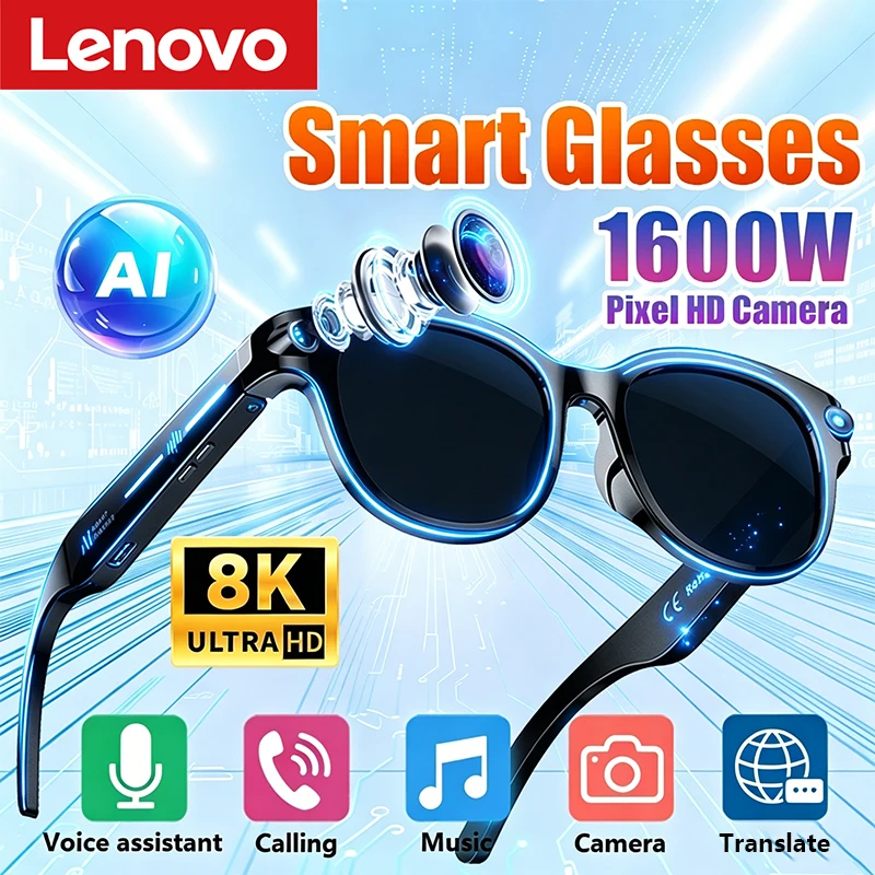 Lunettes Intelligentes Lenovo 8K HD AI avec Traduction en Temps Réel, Double Caméra, Appel Bluetooth, Enregistrement Audio/Vidéo, Lecture Musicale, Lunettes de Soleil 2026 Nouveauté
