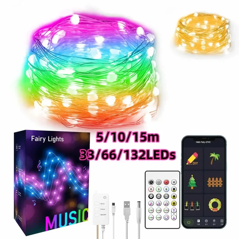 

New 5V USB LED Night Light Strings Smart Bluetooth APP DIY RGB Fairy Lamp BedRoom Christmas Tree Garland Party Courtyard Decor
