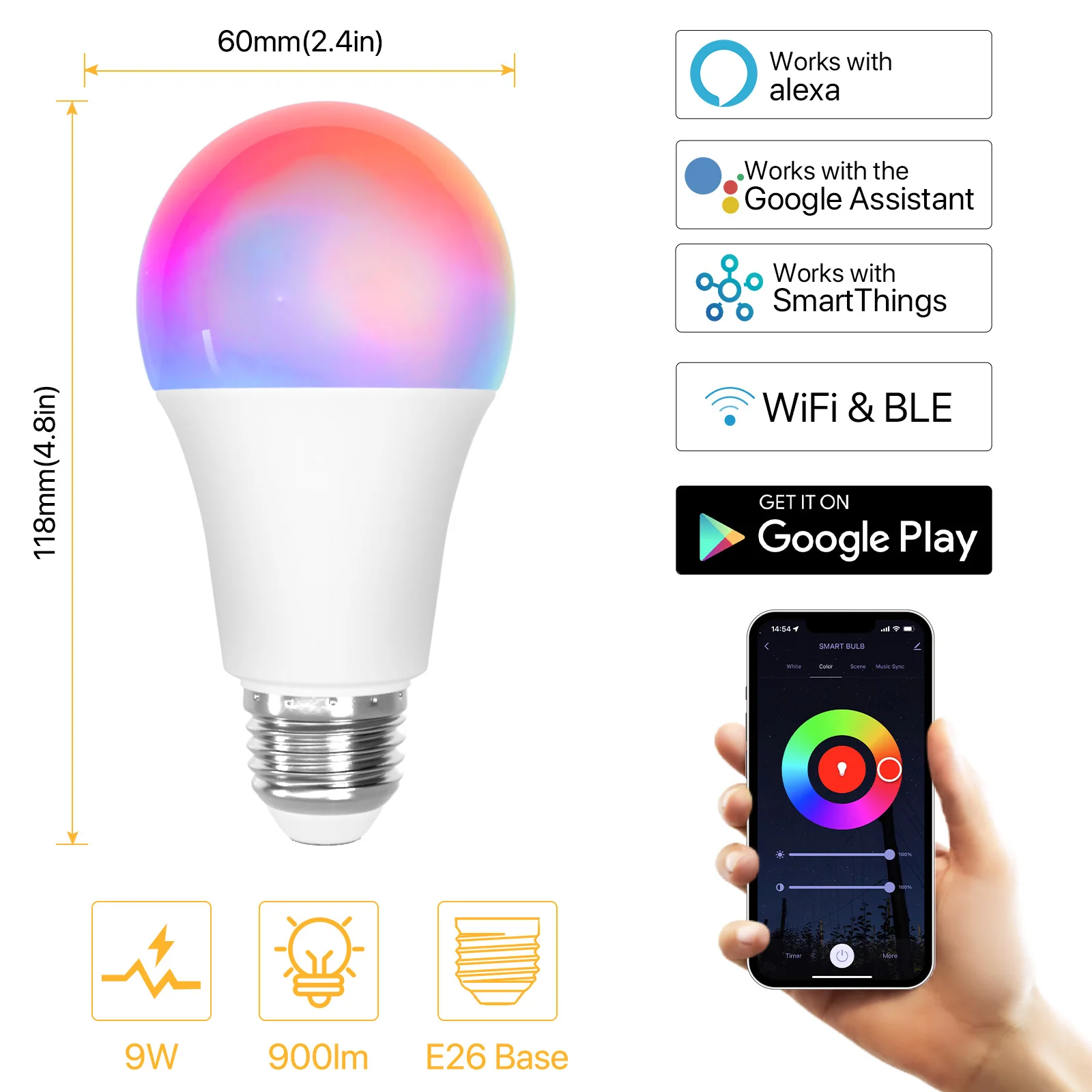 Smart Light Bulbs AC110V 220V E26 Screw LED Bulb RGBCW Color Changing Compatible with Alexa Google Home 9W 900lm BLE WiFi