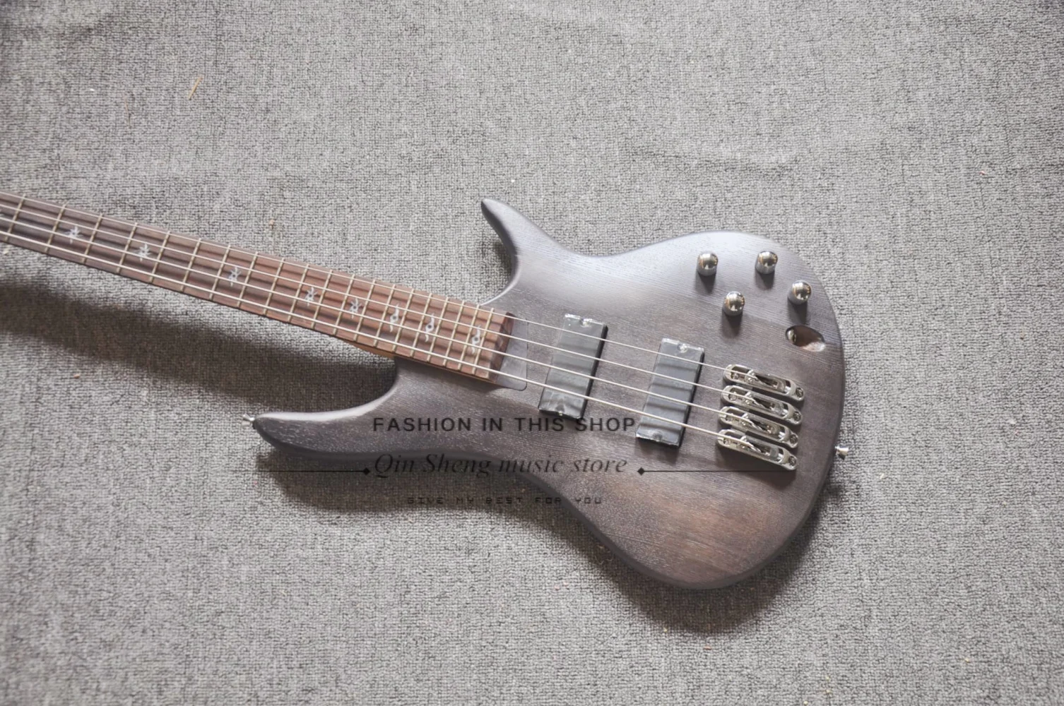 4 string matte black guitar,ASH wood body, maple neck, fixed bridge, black tuners , customizable