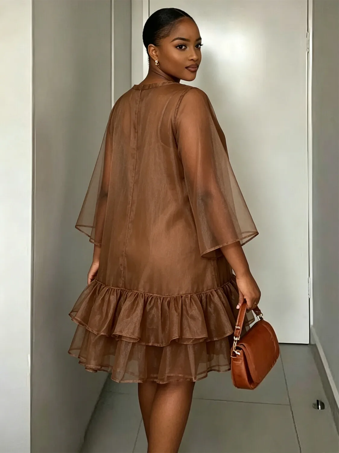 Women Plus Size Mini Dress Round Neck Sheer Tulle Flare Sleeve Layered Ruffle Hem Loose A Line Casual Party Swing Elegant Dress