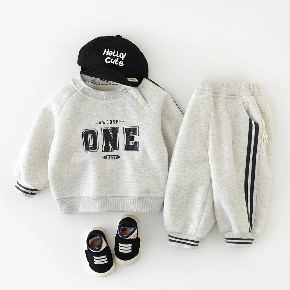 

LILIGIRL New Winter Baby Clothes Set Thicken Toddler Boys Letter Hoodie +Striped Pants Simple Loose Infant Outfit 2PCS 6M-3T