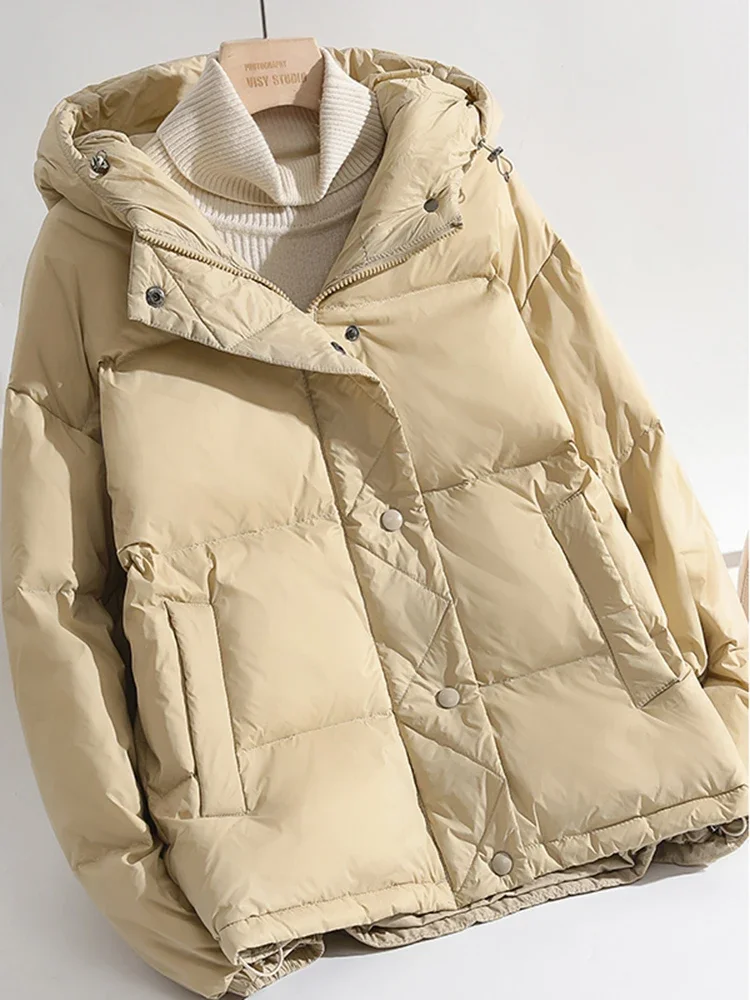 سترة منتفخة مبطنة على الموضة سترة قصيرة بقلنسوة للنساء شتوية كبيرة الحجم معطف سميك دافئ #4