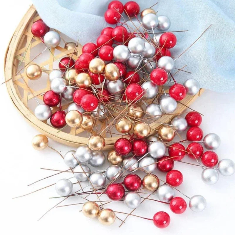 1000/50pcs Christmas Berries Mini Plastic Berry Artificial Flower Red Cherry Simulation Pearlescent Stamen Gift Wreath DIY Decor