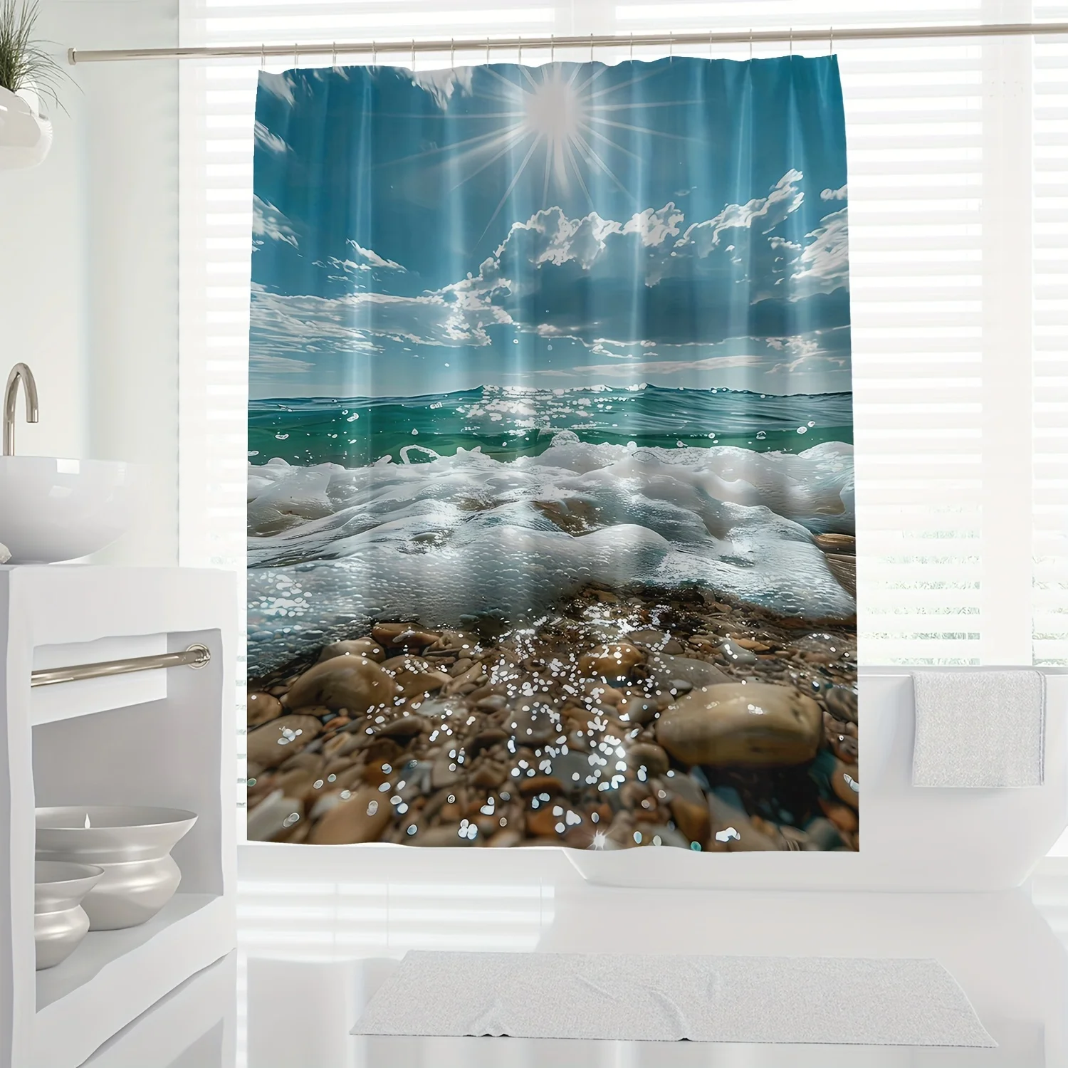 

1pc Ocean Scenery Shower Curtain, Vibrant Blue Seascape Digital Print, Waterproof Shower Curtain With Hooks, Machine Washable