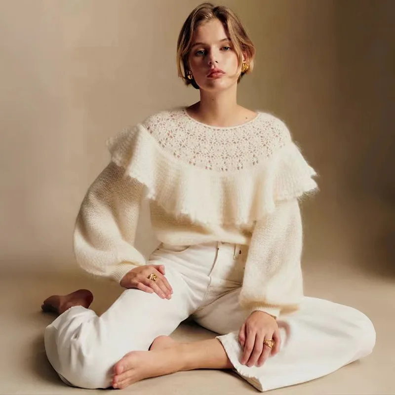 

Women's round neck knitted long sleeved sweater, wool blend, women's winter warm clothes, hollowed out elegant casual top