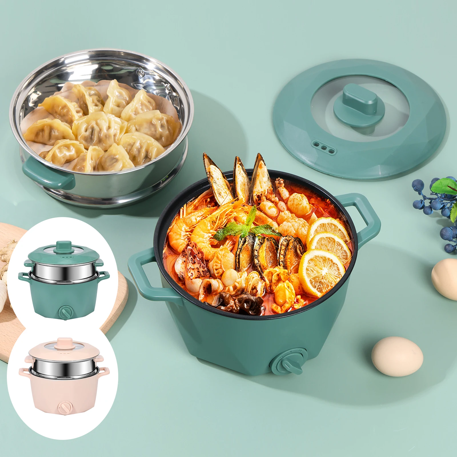 

Electric Hot Pot with Stainless Steel Steamer 2L Portable Electric Cooker 2 Gear Rapid Noodles Cooker Non-Stick Electric Pot