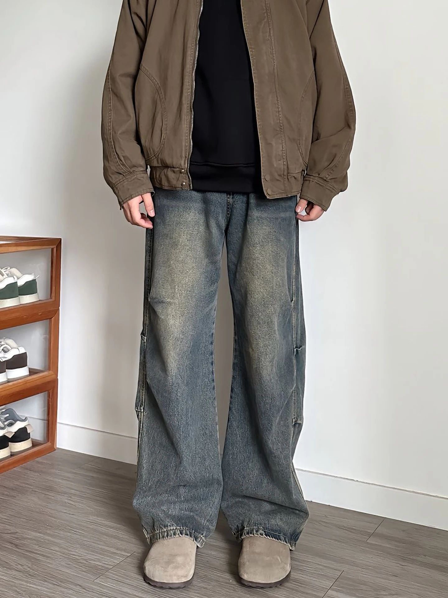 

Мужские джинсы в стиле ретро американской рабочей одежды, прямые, модные, расклешенные, со средней посадкой, из выстиранного хлопка, повседневные брюки для осени