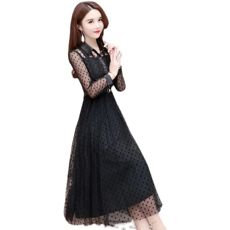 Fake Two-piece Gauze Dress Women Spring and Autumn 2024 New Fashion Mother Installed Waist-shrinking and Slim Polka-dot Skirt