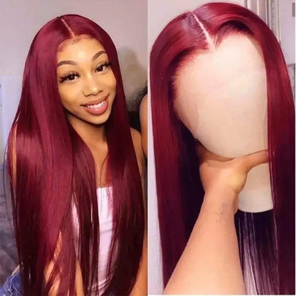 13x5 99j Burgundy Straight Lace Front Human Hair 13x6 HD Transparent Lace Frontal Wig Brazilian Hair For Black Women