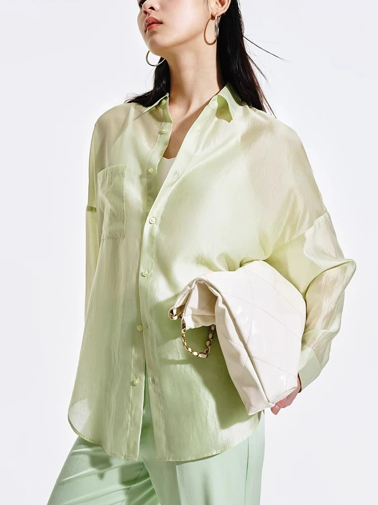 Lightweight Breathable Satin  Collar Casual irt Korean Sle High Faion Comfortable Sun Protection Long Sve Versat...