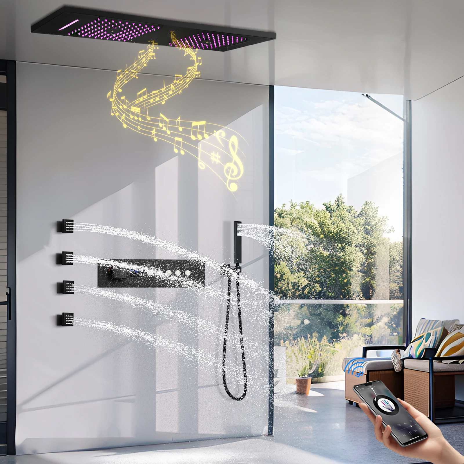 

90x30cm ceiling music player Black suit Black suit bathroom multifunctional LED rainwater atomization shower system