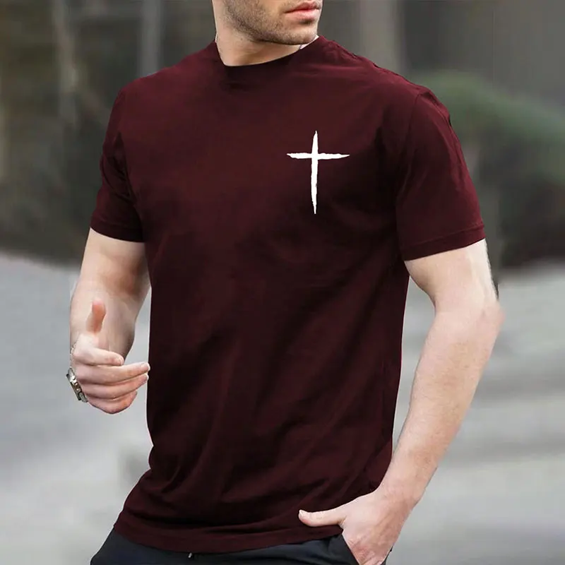 New Men's Fashion Short-sleeved Shirt Summer Comfortable Breathable Cross Print Round Neck T-shirt Sports Fitness Short-sleeved