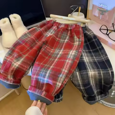 2-12Y Children's Pants Trendy and Fashionable Boys and Girls Sports Thick Plush Fleece Grid Pant Versatile Straight Leg Pants