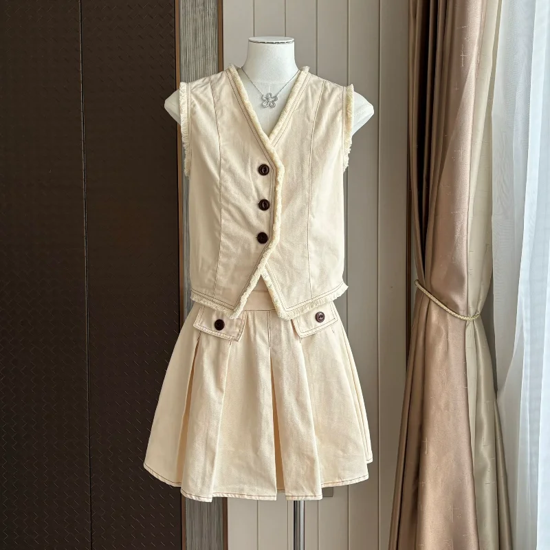 

Женский комплект: модный топ-жилет с V-образным вырезом из смесового хлопка + короткая плиссированная юбка, французский стиль, с бахромой, летний, элегантный, женственный костюм