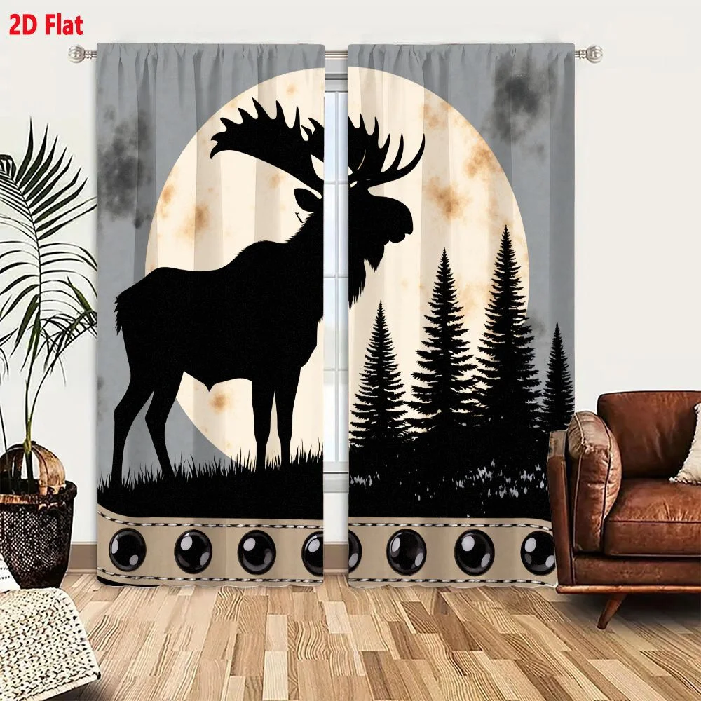 2Pcs Curtains 2D Flat Black Silhouette Moose With Antlers In Grassy Area Pale Yellow Moon With Spots Gray Sky Dark Clouds Evergr 2