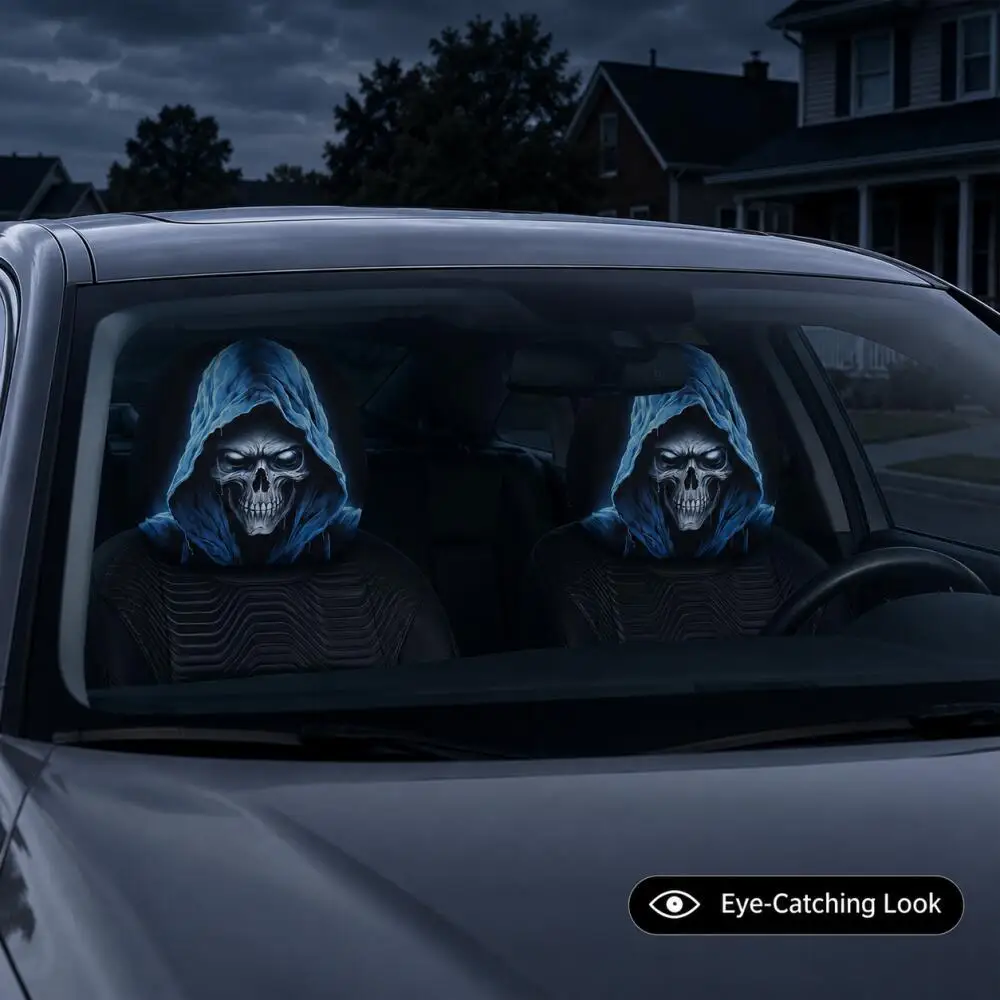 2 Stück Blau Leuchtende Totenkopf-Auto-Kopfstützenbezüge 2D Flacher Kapuzen-Jäger-Print Schwarzer Auto-Kopfstützenschutz Gothic Universelle Passform – Detail 3