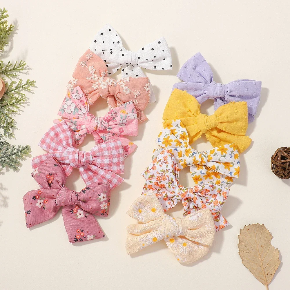 10pcs/lot Baby Sweet Bowknot Hair Clips for Hair Soft Cotton Printing Hairpins Girls Hairgripe Fresh Kids Headwear Accessories