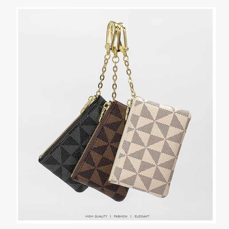 Coin Key Storage Bag with Chain Women Mini Coin Purse Luxury Designer Plaid Leather Small Zipper Wallet Ladies Keychain Trendy