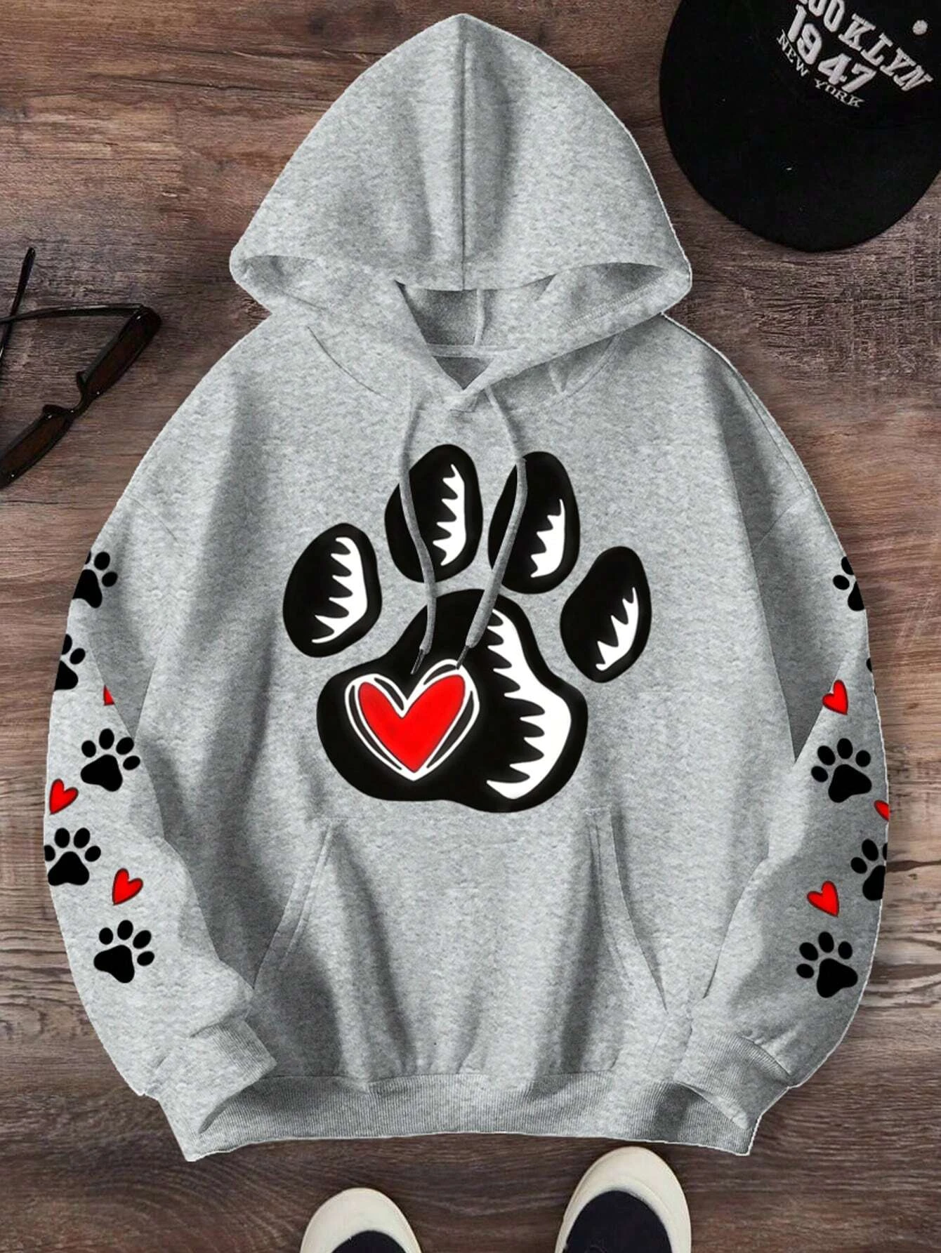 الإبداعية الحب آثار أقدام مطبوعة المرأة هوديس الخريف جيب الشارع الشهير فضفاض بلوزة كاجوال الصوف مريحة امرأة هودي