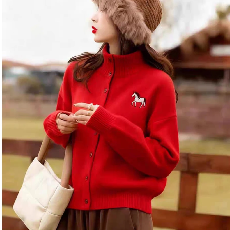 

Вязаный кардиган с воротником-стойкой, не скатывается, осенне-зимний, женский, свободный крой, утепленный