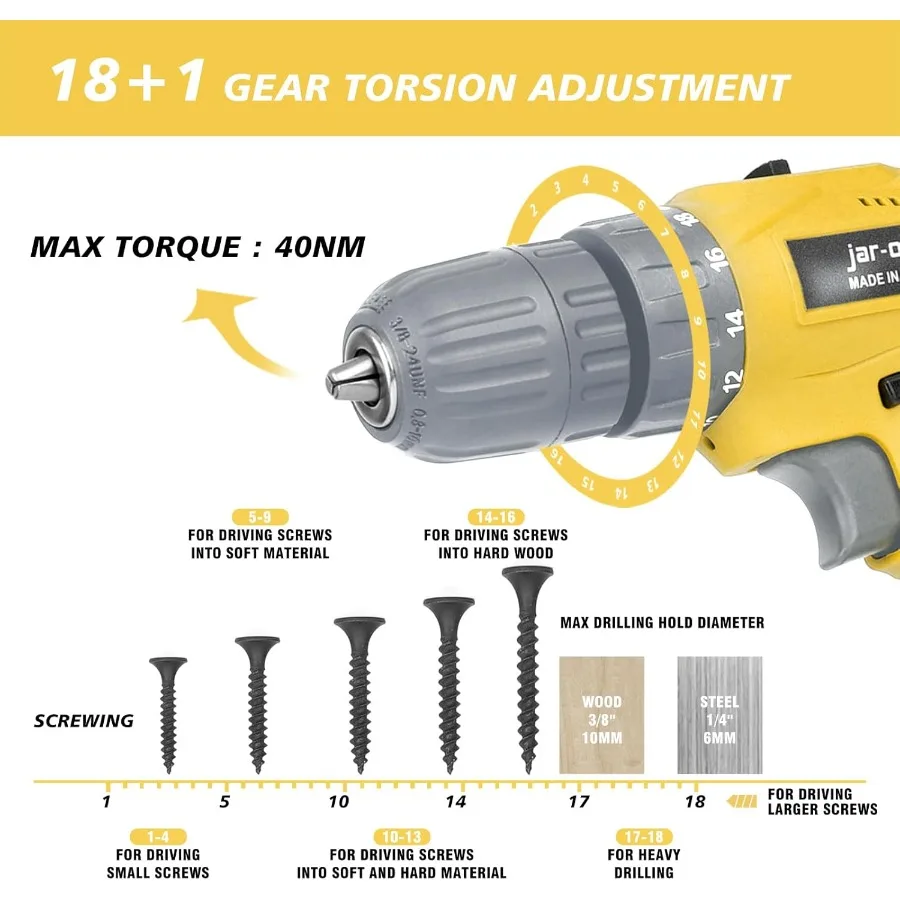 Jar-Owl 21V Cordless Drill Set 0-1350RMP Variable Speed 350 in-lb Torque 10MM 3 8'' Keyless Chuck 18+1 Clutch 1.5Ah Li-Ion Batt