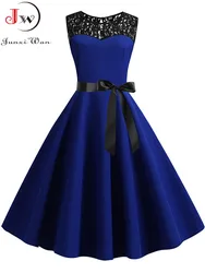 Blue Lace Patchwork Summer Dress Women Elegant Vintage Party Dress Casual Office Ladies Work Dress
