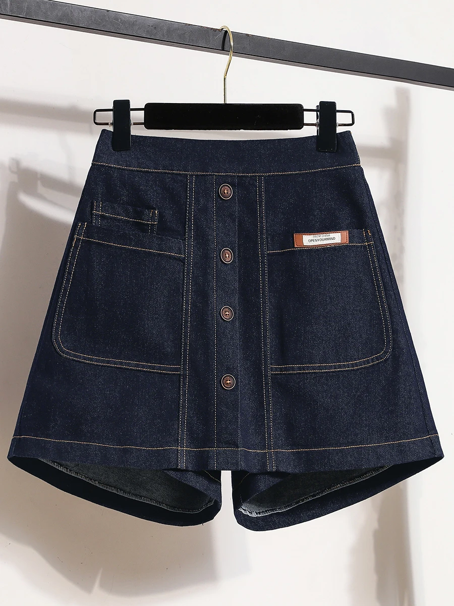 

Весенне-летние джинсовые шорты-юбка в европейском стиле с эластичным поясом, больших размеров, длиной до колена, А-силуэт, стройнящие, на пол-бедра