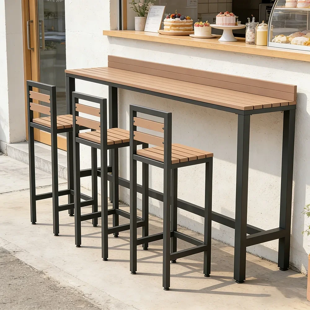 Commercial Outdoor Bar Table Set, Wall-Mounted Long Table with High Chairs for Cafe, Shop & Balcony