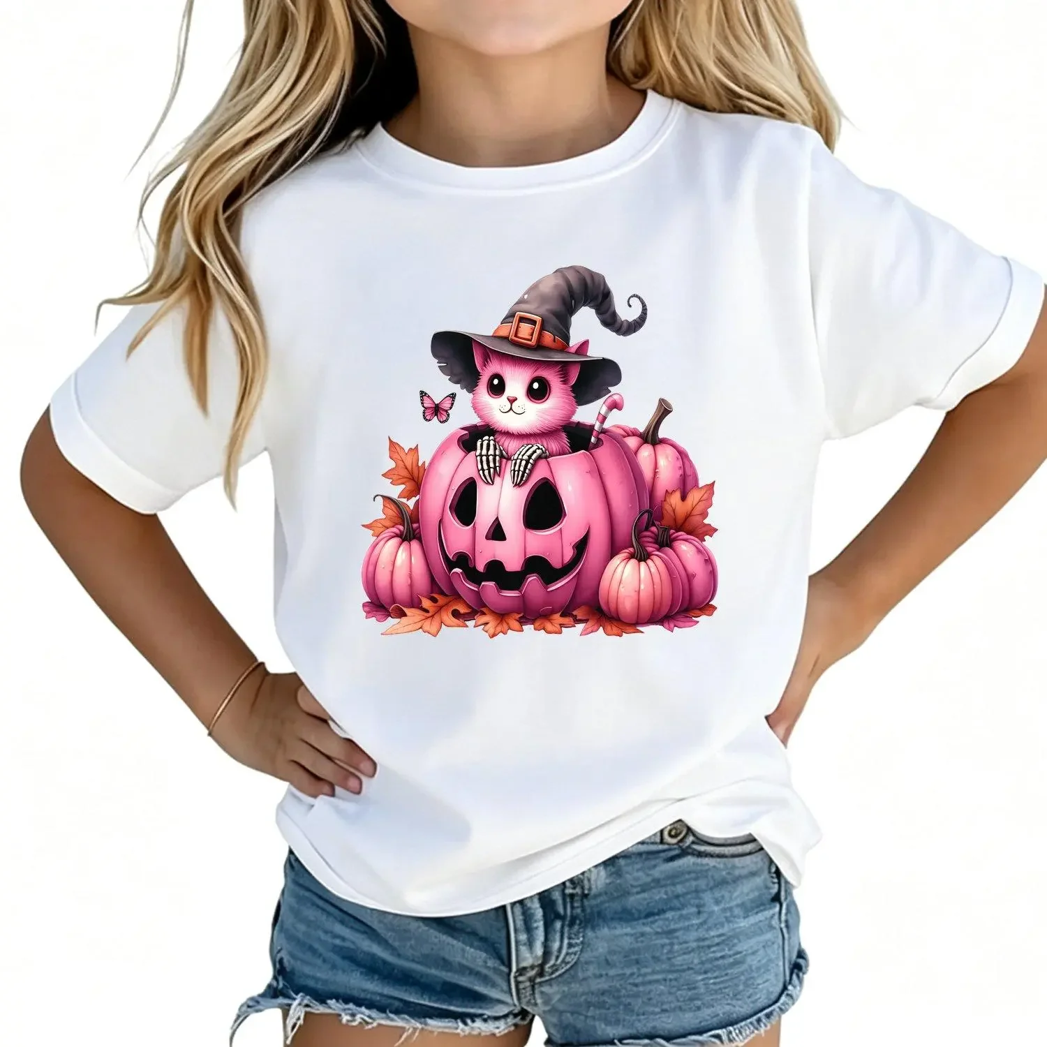 Girls T Shirts HALLOWEEN Summer Fashion Short Sleeve with Butterfly Cat and Pumpkin Print Casual Versatile Stylish Top for Girls